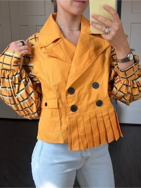 Women’s Mustard Yellow Pleated Double-Breasted Jacket